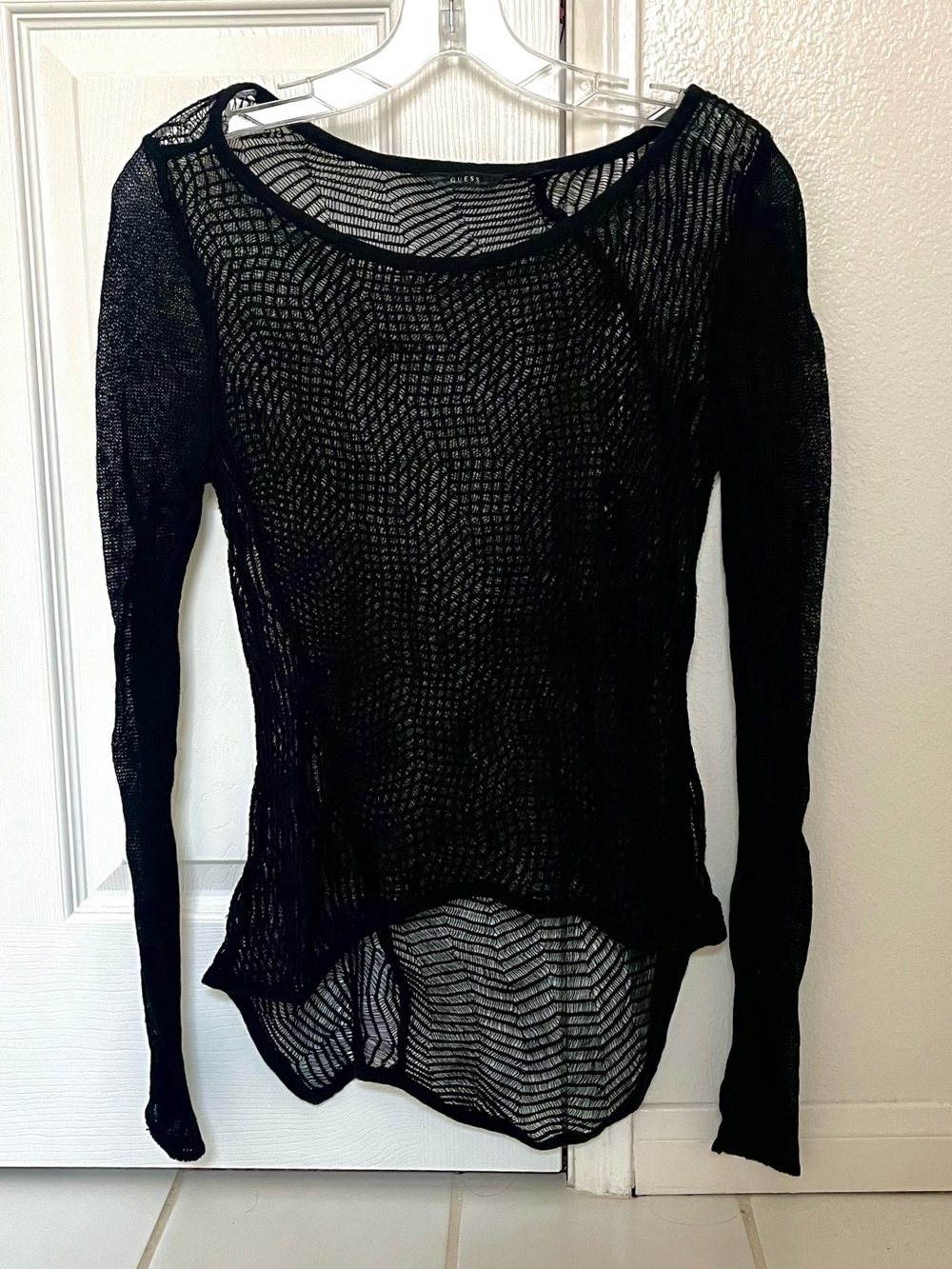 Guess Vintage Black Long Sleeve Sheer Mesh Asymmetrical Knit Top
